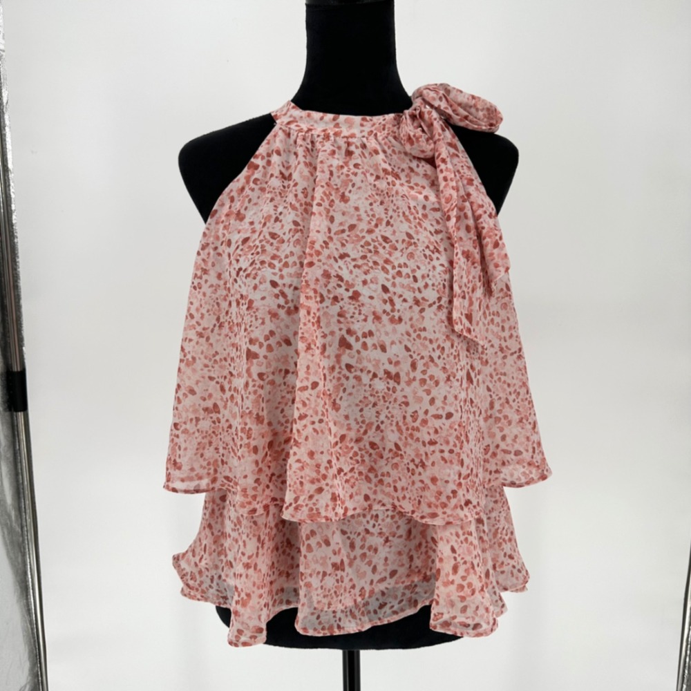 NEW Express Pink Dotted Polka Dot Ruffle Chiffon Neck Tie‎ Sleeveless Blouse XS
